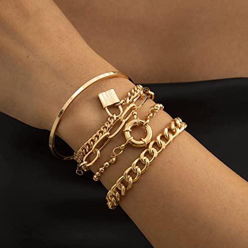 Branets Juego de 5 pulseras multicapa estilo bohemio - dorado - estilo punk - con cierre - cadena plana - bisutería ajustable - regalo para mujeres y niñas