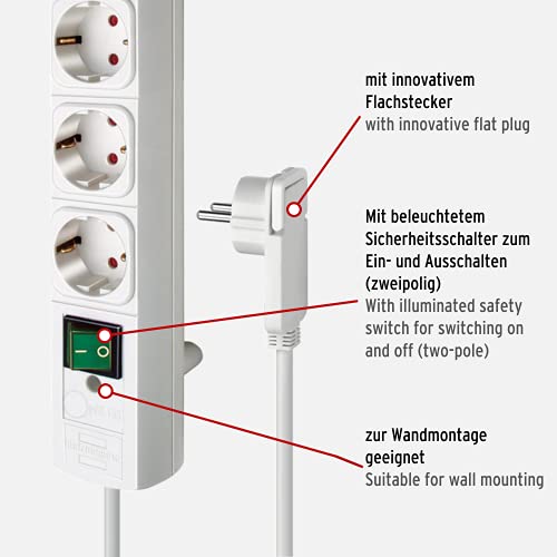 Brennenstuhl Comfort Line regleta de enchufes con 4 Tomas de Corriente para Montaje (Cable de 2 m, Interruptor Iluminado, montable, Enchufe Plano) Blanco