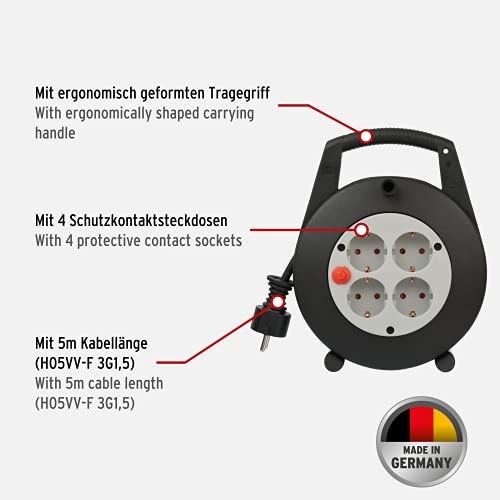 Brennenstuhl Vario-Line enrollacables doméstico con 4 enchufes (cable de 5 m, alargador enrollable, protección de corte térmico) negro/gris