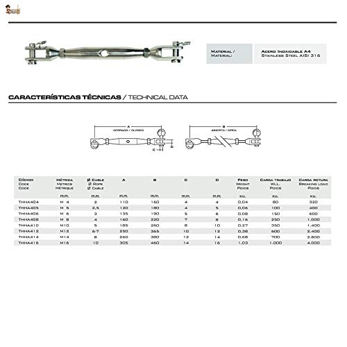 BricoLoco Tensor cable de acero, cuerda. Inoxidable horquilla - horquilla. Tubular cuerpo cerrado. Especial náutica inox A4 AISI 316. (M-4 (110 a 160 mm.), 1)