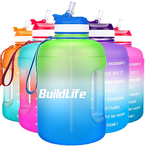 BuildLife Botella de agua motivadora de 2,2 litros con boca ancha y pajita y marcador de tiempo para beber diariamente, sin BPA, reutilizable, para gimnasio (verde/azul, 2,2 L)