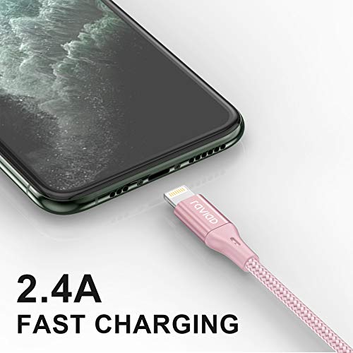 Cable Cargador iPhone, RAVIAD [MFi Certificado] 1.2M Cable Lightning Carga Rápida Nylon Trenzado Compatible con iPhone 11 XS MAX XR X 8 Plus 7 Plus 6S 6 Plus 5 5S 5C SE - Rosa