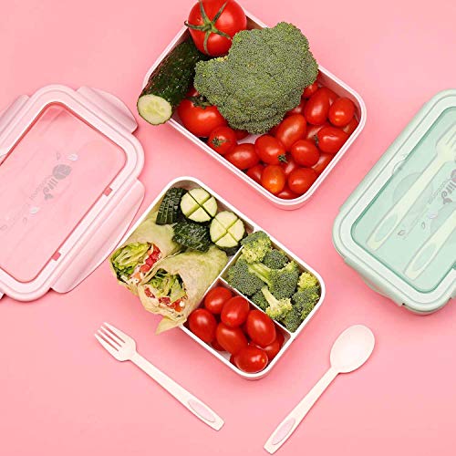 Caja de almuerzo, caja de Bento, 1400 ml, caja de Bento con 3 compartimentos y cubiertos, caja de almuerzo a prueba de fugas, adecuada para hornos de microondas y lavavajillas, salud duradera (Rosado)