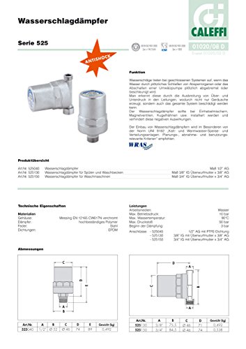 Caleffi - Antishock - Amortiguador de Golpe de ariete para tubería, para fregaderos, lavabos y lavadoras, conexión 3/8"F para Rosca 3/8" M - Cromado - Modelo n. 525130