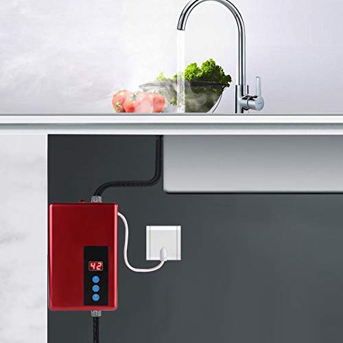 Calentador de agua instantáneo, sistema de agua caliente de mini ducha sin tanque eléctrica de 5.5KW 220V con pantalla digital LCD, calefacción inmediata para el baño Cocina lavado(rojo)