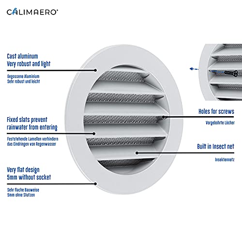 calimaero WSGG Rejilla Ventilacion Aluminio 100 mm Rejillas de Ventilacion redonda con Malla Mosquitera (2x2 mm) Rejillas para Chimeneas Acondicionado Ventilacion Coche