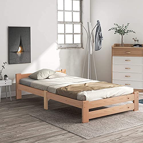 Cama infantil de 90 x 200 cm, cama de madera maciza con estructura de cama futón de madera maciza natural con cabecero y somier, cama juvenil (90 x 200 cm)