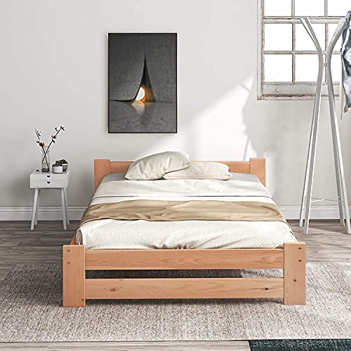 Cama infantil de 90 x 200 cm, cama de madera maciza con estructura de cama futón de madera maciza natural con cabecero y somier, cama juvenil (90 x 200 cm)