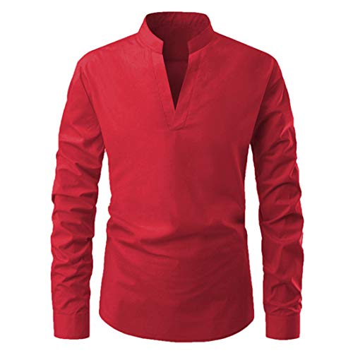 Camisa Negocios Hombre Transpirable Slim Fit Color Sólido con Cuello En V Hombre Camisa Casual Botones Básicos Verano Hombre Camisa Cuello Alto Manga Larga Hombre Camisa Henley C-Red XL