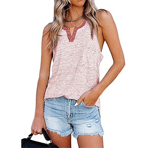 Camiseta Sin Mangas Mujer Verano Elegante Sexy con Cuello En V Sin Mangas Tops Moda Temperamento Suelto Cómodo Vacaciones Casual Básico Mujeres Tops Mujeres Camisas C-Red 3XL