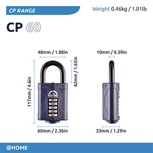 Candado de alta resistencia Squire (CP60) - Grillete de acero más resistente - Candado de combinación de 5 ruedas - Acero de aleación resistente a la corrosión - Candado resistente a la intemperie para el hogar, la escuela y el garaje (azul, 60 mm)