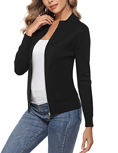 Cárdigan de Punto con Cremallera para Mujer,Chaqueta de Punto Sueter Manga Larga Abrigo Suéter Rebeca Chaqueta de Jerseis.Negro.XXL