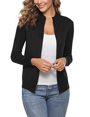 Cárdigan de Punto con Cremallera para Mujer,Chaqueta de Punto Sueter Manga Larga Abrigo Suéter Rebeca Chaqueta de Jerseis.Negro.XXL