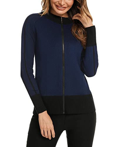 Cardigan de Punto Mujer con Cremallera de Manga Larga Jersey Cárdigan Ropa de Abrigo Cuello Alto Deportivo Suéter Elástico para Deporte Correr Otono Invierno Chaqueta Bomber Azul Marino M