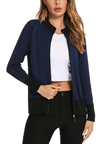 Cardigan de Punto Mujer con Cremallera de Manga Larga Jersey Cárdigan Ropa de Abrigo Cuello Alto Deportivo Suéter Elástico para Deporte Correr Otono Invierno Chaqueta Bomber Azul Marino M