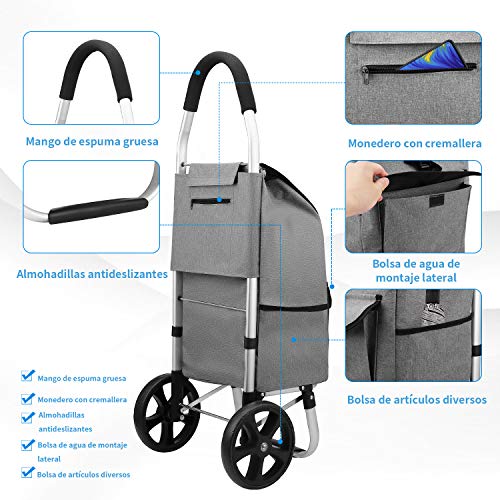 Carro de la Compra, mfavour Carrito de la Compra Estable, Carrito Compra Plegable Push/Pull, carros de Compras 2 Ruedas con Bolsa Oxford Desmontable, 45L, Gris