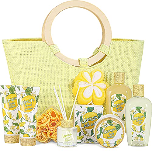 Cestas de Regalo para Mujer, Green Canyon Spa Set de Baño Mujer con Bolsa 10 Piezas Fragancia de Limón Loción Corporal, Sales de Baño Caja SPA Regalo Ideal para Día de Valentín, Cumpleaños y Navidad