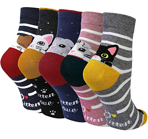 Chalier 5 Pares de Calcetines Mujer Divertidos Originales Animales Lindos Estampados Ocasionales de Algodón para Niña y Mujer