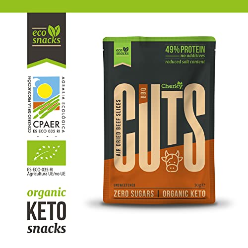 Cherky Eco Cuts BBQ. Snack Orgánico de Ternera; Sin Azúcar, Sin Aditivos, Sin Conservantes, Sin Lactosa. Biltong 12ux30g