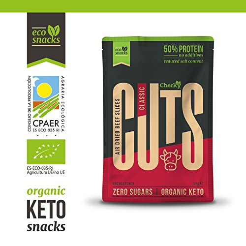 Cherky Eco Cuts Classic. Snack Orgánico de Ternera; Sin Azúcar, Sin Aditivos, Sin Conservantes, Sin Lactosa. Biltong 12ux30g