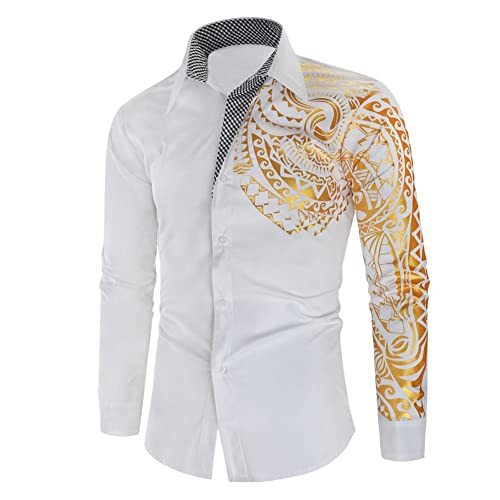 CHUANGFU Hombre Camisa Gráfico Estampado Manga Larga Calle Tops Moda Chic De Calle Punk Y Gótico Totem Camisa Casual con Estampado Bronceado/Discoteca,Blanco,XL