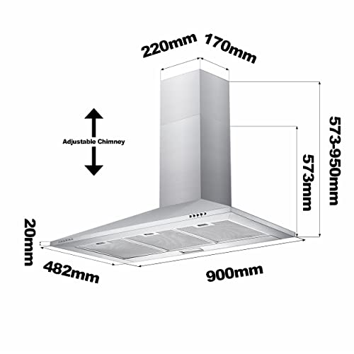 CIARRA ASS9201 Campana Extractora Decorativa 90cm 370m³/h- 3 Velocidades - Evacuación al Exterior y Recirculación Interna por Filtro de Carbón CBCF002X2 - Acero Inoxidable