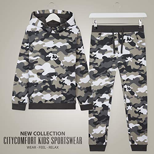 CityComfort Chandal Niño, Conjunto de 2 Piezas Sudadera con Capucha y Pantalon Chandal, Ropa Niño 100% Algodon, Regalos Para Niños Edad 3-14 Años (Gris Camo, 7_years)