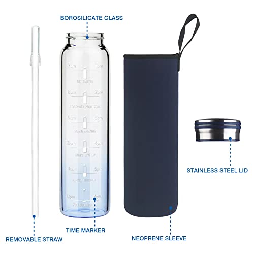 Cleesmil 1l / 1000 ml / 1 litro Botella de Agua de Cristal con Pajita Botella de Agua de Vidrio con Marcador de Tiempo y Funda de Neopreno (Azul degradado)