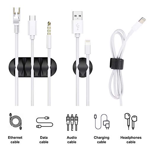 Clips para Cables de Silicona, Organizador de Cable Autoadhesivo 10 Pcs 5 Tamaños para Eléctrico Cable, USB Carga Cable, Gestión de Alambre para la Hogar Oficina, Negro