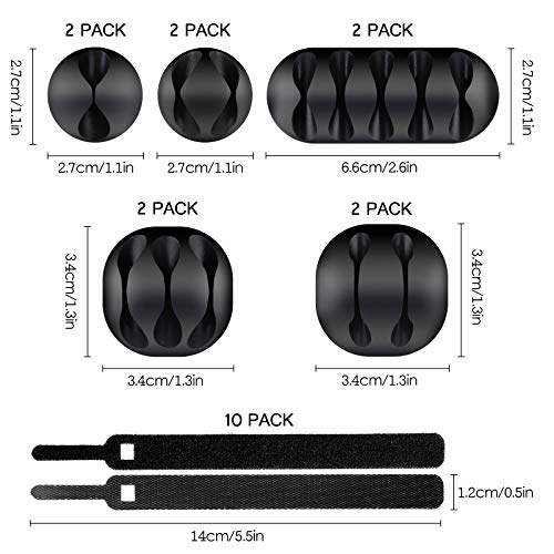 Clips para Cables de Silicona, Organizador de Cable Autoadhesivo 10 Pcs 5 Tamaños para Eléctrico Cable, USB Carga Cable, Gestión de Alambre para la Hogar Oficina, Negro