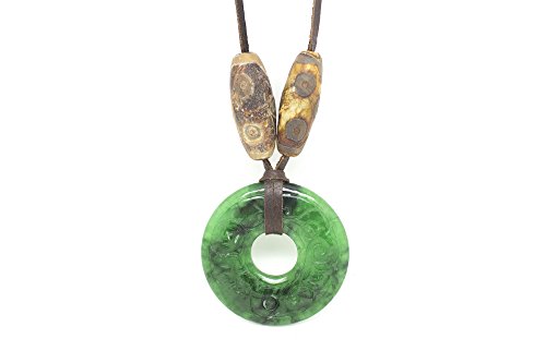 Colgante de jade verde, tallado a mano, con ágatas marrones con dibujo africano, piel de ciervo y abalorios, ágatas de colores, cruz, medalla árbol de la vida y perla Regalo Dia de la Madre