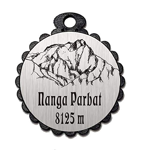 Colgante redondo"NANGA PARBAT" con diseño – aspecto de aluminio – aspecto plateado – colgante de regalo llavero amuleto de la suerte decoración – Bergsteiger Bergsport senderismo escalada Diamir