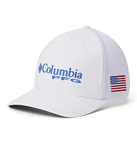 Columbia - Gorra Unisex PFG de Malla, Color Blanco, Azul Vivo, Bandera de Estados Unidos, Talla pequeña/Mediana