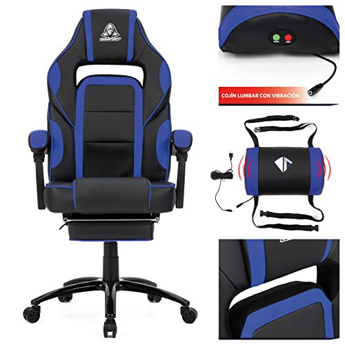 COMIFORT Silla Gaming Monza con Espuma de Alta Densidad, Reposapies Acolchado y Cojin Lumbar con Vibración, Silla Gamer Reclinable 135º con función de Balanceo, Reposabrazos Acolchados, Azul