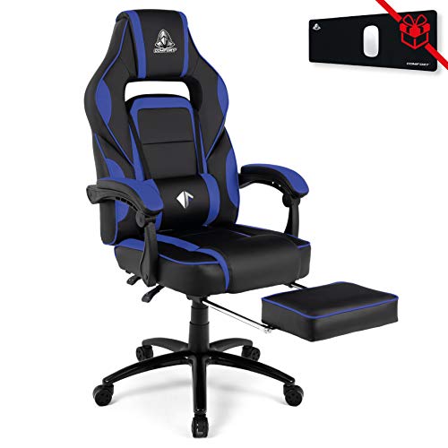 COMIFORT Silla Gaming Monza con Espuma de Alta Densidad, Reposapies Acolchado y Cojin Lumbar con Vibración, Silla Gamer Reclinable 135º con función de Balanceo, Reposabrazos Acolchados, Azul