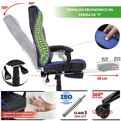 COMIFORT Silla Gaming Monza con Espuma de Alta Densidad, Reposapies Acolchado y Cojin Lumbar con Vibración, Silla Gamer Reclinable 135º con función de Balanceo, Reposabrazos Acolchados, Azul