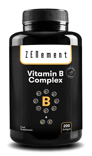 Complejo de Vitaminas B (B1, B2, B3, B5, B6, B12, Biotina y Ácido Fólico) + Vitaminas C y E, 200 Perlas | Energía, Estado de Ánimo, Salud General | con Aceite de Oliva Virgen Extra | No-GMO