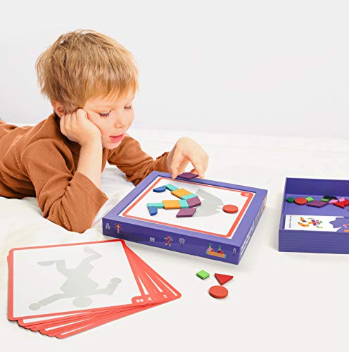 Coogam Conjunto de blocos de padrão de quebra-cabeça de Forma magnética de Madeira, Tangram Geométrico Manipulativo Brain Teasers Brinquedo Montessori Magnet Board Puzzle Presente para crianças