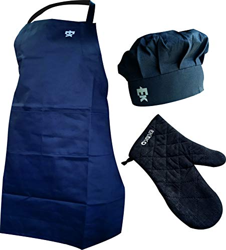 Cooking Set EKEKO Crazy Cook. Set Ropa de Cocinero: Gorro de Chef, Delantal Ajustable con Bolsillos y Manopla con Proteccion de Latex. Lavable 40ª (Negro)