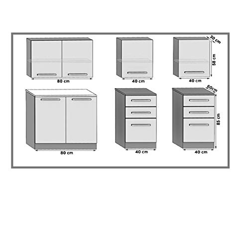 CORNETTA | Cocina Completa Modular Lineal L 160cm 6 Piezas | Plan de Trabajo Incluido | Conjunto de Muebles de Cocina