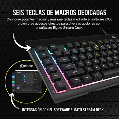 Corsair K55 RGB PRO XT Teclado para Juegos con Teclas de Membrana, Retroiluminación RGB Dinámica, 6 Teclas Macro con Integración el Software Elgato, Resistencia al Polvo y los Derrames, QWERTY, Negro