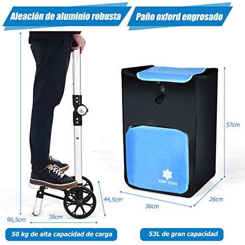 COSTWAY 53L Carro de la Compra con 2 Ruedas Carrito Bolsa de la Compra Desmontable Carga hasta 50 kg para Compra Camping Transporte