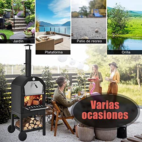 COSTWAY Horno para Pizza Portátil de Exterior, Rejilla para Pizza para Patio, Revestimiento Impermeable y Pala para Pizza, Fogón de Camping para Pizza, Calentador de Leña para Pizza