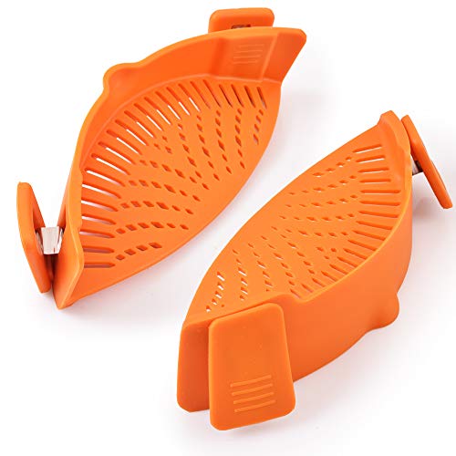 Cozihom - Colador de silicona con clip, colador de pasta, boquilla para pasta, compatible con tamaño universal de sartén, material de grado alimentario, resistente al calor, 2 unidades, color naranja