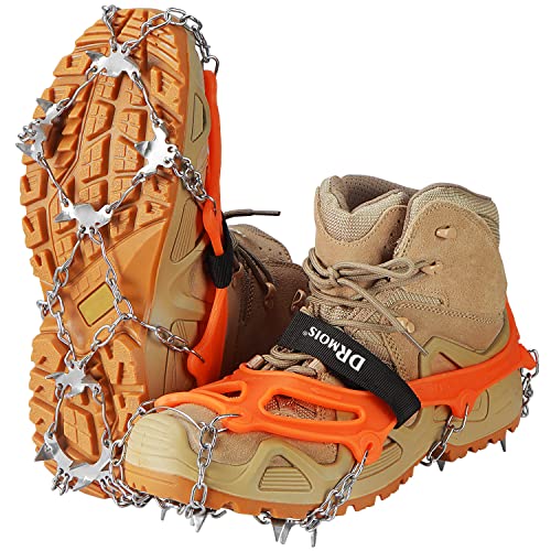 Crampones DRMOIS para Botas de montaña, Zapatos Traction Ice Cleat Spikes Crampones Pinzas para Zapatos Grödel Ice Spikes con 19 púas para Senderismo (Naranja, XL (44-47))