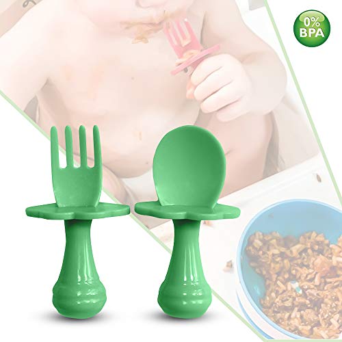 Cuchara para bebé - Tenedor para bebé - Cuchara y tenedor para bebé, Multicolor, Juego de cubiertos para alentar a su bebé a comer independientemente, sin BPA. (Pack de 2, Verde)