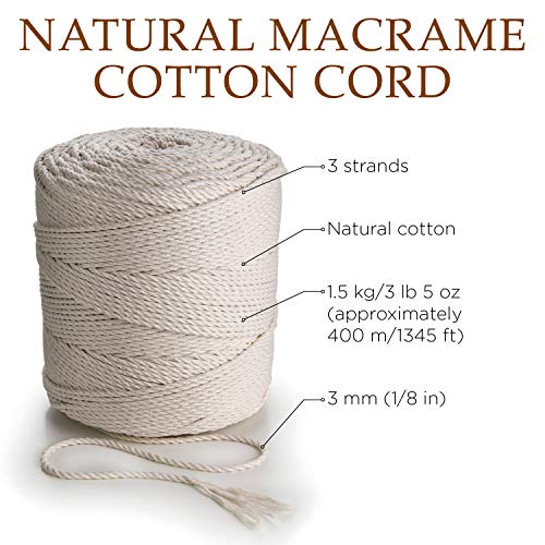 Cuerda de Macramé 3 mm 400m 1,5 kg 3 strand twisted - Cordón de Algodón Natural - Cuerda Tricapa de Algodón Fuerte, Tejido, Ganchillo, Bolsa, Cesta Colgante, Atrapasueños - MB Cordas