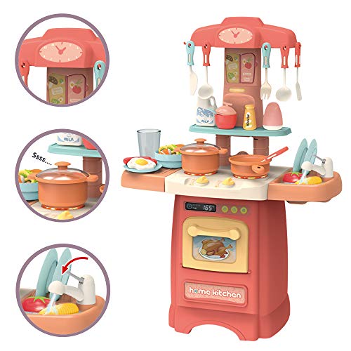 deAO Mi Pequeño Chef Cocinita de Juguete con Tamaño Mini Características de Agua, Luz y Sonidos Conjunto Infantil de Cocina con 50 Accesorios Incluidos (Rosa)