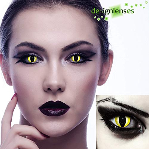 Designlenses, Dos lentillas de colores amarillas para Halloween disfraz ojo de gato/dragón lentes sin dioprtías/corregir + gratis caso de lente „Yellow Dragon"