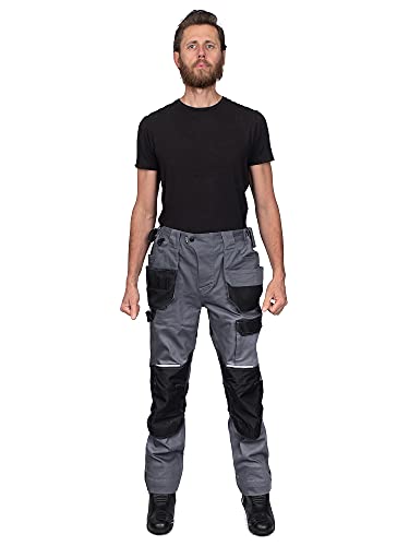 DINOZAVR Flex Pantalones de Trabajo elásticos Estilo Cargo para Hombre - Resistentes, con Bolsillos multifuncionales para Rodilleras y Franjas Reflectantes - Gris - EU46